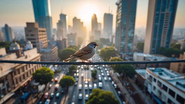 Sunrise over the city skyline with a bird perched on a wire, capturing the essence of urban life in the morning light amidst bustling traffic below