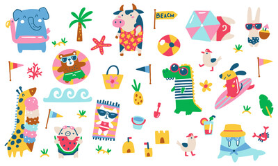 Fototapeta premium Summer Collection of Funny Animals on the Beach in Quirky Swimwear with Various Relaxation Elements. Vector Childish Hand-Drawn Illustration in Simple Modern Cartoon Style.