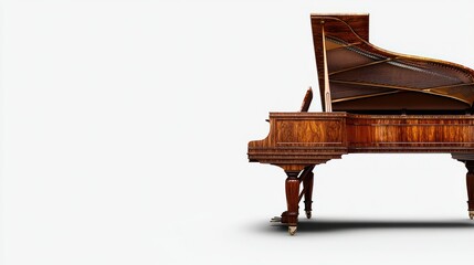 Antique grand piano, side view, isolated on white background, for music or interior design