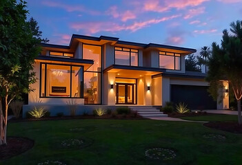 Beautiful modern farmhouse style luxury home exterior at twilight