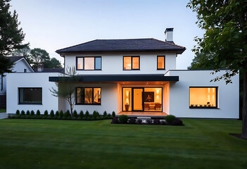 Beautiful modern farmhouse style luxury home exterior at twilight