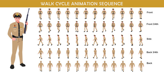 Police Officer Character walk cycle animation sequence. Front walk frame by frame animation sprite sheet