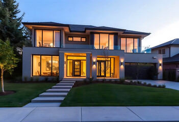 Beautiful modern farmhouse style luxury home exterior at twilight