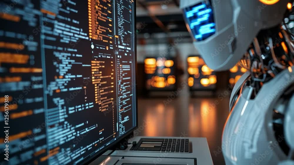 Poster ai development: a futuristic robot intently observes lines of code displayed on a large monitor, sym