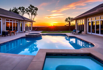 A luxurious backyard with a swimming pool, hot tub, and patio furniture at a modern house during sunset.