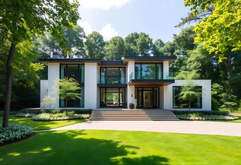 Modern luxury house with a swimming pool, outdoor seating, and lush greenery under a clear blue sky.