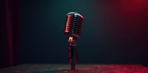 A vintage microphone on a dark surface, illuminated by dramatic red and blue lighting, ready for a captivating performance or recording session.