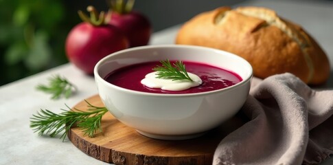 A vibrant bowl of creamy beet soup garnished with fresh herbs, served alongside a crusty loaf of bread on a rustic wooden board.