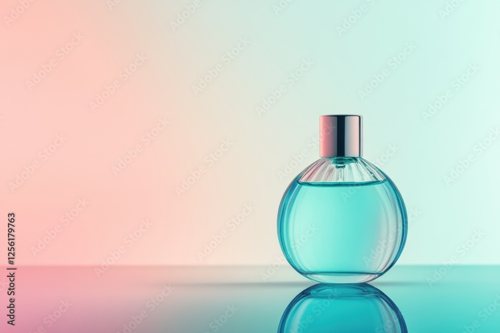 Poster sleek cosmetic bottle on a mirrored surface with a pastel toned background and space for text. gener