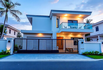 Modern two story house with balcony and gated driveway