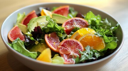 Fresh Mixed Salad with Citrus Fruits and Avocado in a Bowl