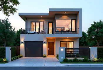 Modern two story house with balcony and gated driveway