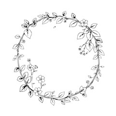 Floral Wreath Frame: Elegant, minimalist, round wreath with flowers and leaves in a line drawing style.