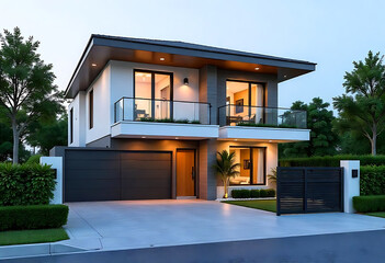 Modern two story house with balcony and gated driveway