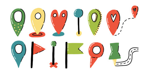 Location Pin Set Color Flat. Doodle Pint Local Navigation Sign Icon Collection. Cartoon Vector Clipart