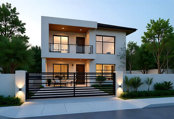 Modern two story house with balcony and gated driveway