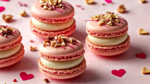Valentine's Day macrons with red and pink cream, white chocolate filling, and hazelnuts on top.