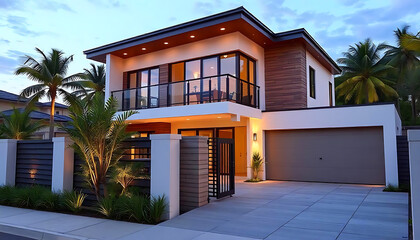 Modern two story house with balcony and gated driveway