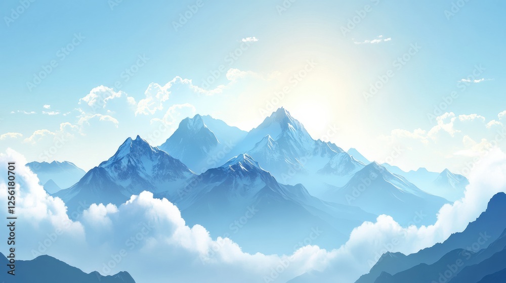 Poster Majestic mountain range under soft clouds with bright blue sky and empty space for creative text. Generative AI
