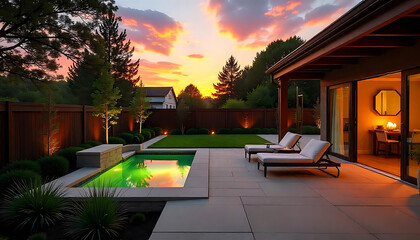 Single Story House with Red Accents Surrounded by Large Trees.