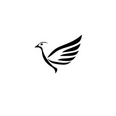 Minimalist depiction of a bird, rendered in black and white, with a focus on curved lines, representing grace and movement.