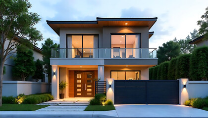 Modern luxury house exterior with large windows, landscaped yard, and evening lighting.