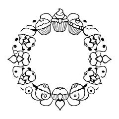 A floral wreath with three cupcakes at the top.