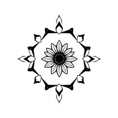 Black and white floral mandala design with a sunflower at the center.