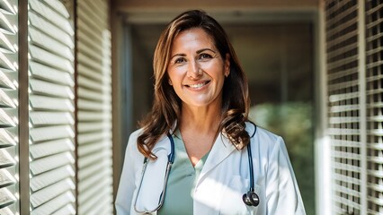 A professional and confident female doctor with a warm, friendly smile.