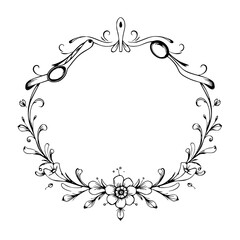 Ornate black and white floral frame with spoons and flowers.
