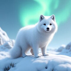 Arctic Fox In Snowy Landscape With Northern Lights