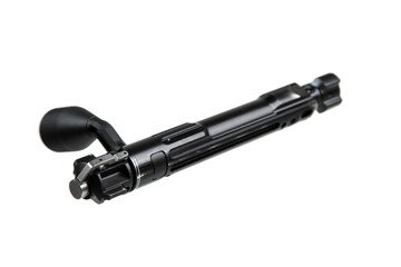 Bolt action rifle bolt with a fluted body and rubber grip, featured in a close-up and isolated on a white background.