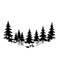 Minimalist illustration of stylized winter forest scene, with snow, stylized pines, and a plain white background.