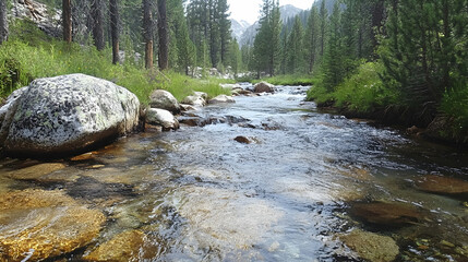 A clear mountain stream flowing over smooth stones, surrounded by dense forest