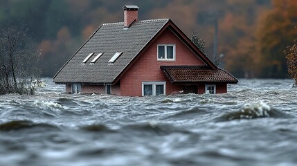 A house is partially submerged in floodwaters, with water lapping at its base and extending into the foreground. Flooded houses under water, the flood. Environmental disaster .