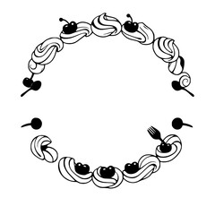 Elegant black and white stylized illustration of a circle of whipped cream with cherries and a fork