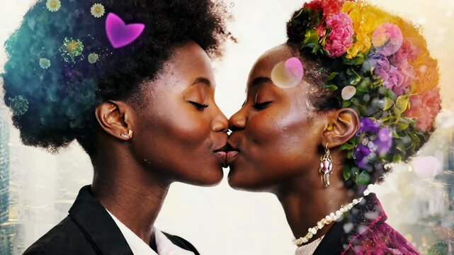 Lesbian black LGBTQ couple kissing. Two gay attractive black ladies kissing, concept of diversity and inclusion, 