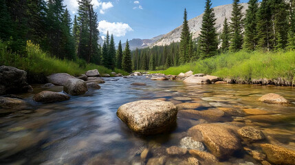 A clear mountain stream flowing over smooth stones, surrounded by dense forest
