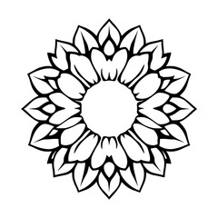 Bold, Black and White Sunflower-Inspired Mandala Design with a Blank Center, Floral.