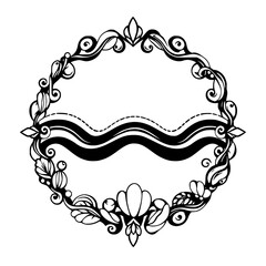 Ornate circular black and white floral frame with waves of wavy lines across the center, elegant