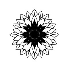 A symmetrical sunflower illustration in black and white, minimalist style, symmetrical, and with a touch of mandala.