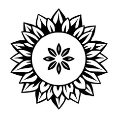 Stylized sunflower illustration, a minimalist black and white design, with a white background.