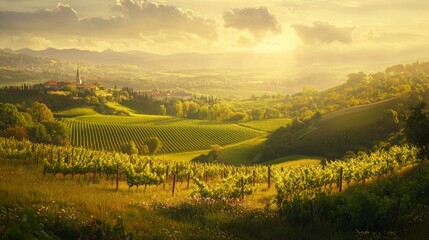 Fototapeta premium Golden Sunset Over Lush Vineyards and Rolling Hills Landscape