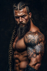 muscular viking man with long braided hair