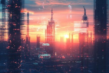futuristic megacity construction site with holographic blueprints and autonomous robotic builders at sunset