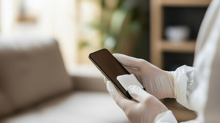 Cleaning Smartphone with Disinfectant Wipe