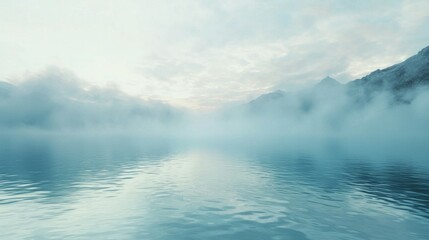 Fototapeta premium Serene Misty Lake Reflection at Dawn with Mountains in Background