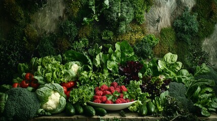 Fresh Organic Vegetables and Fruits Displayed in a Rustic Setting