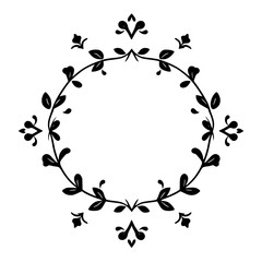 Ornamental circular floral frame with a black vine and leaf design on a white background, geometric and symmetrical.