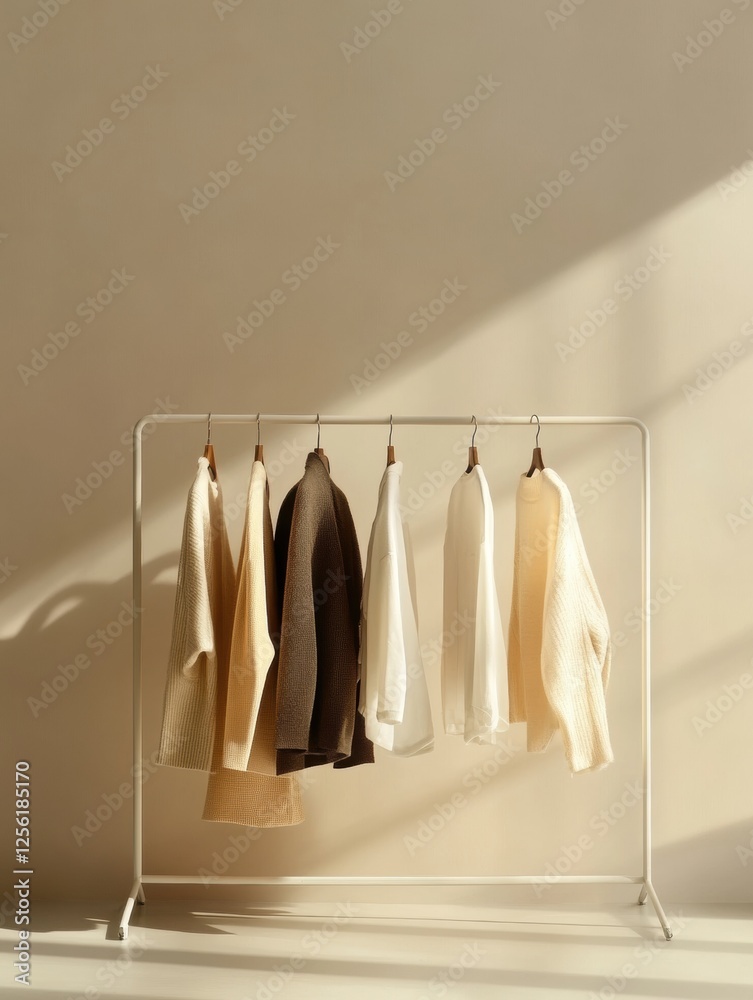 Leinwandbilder minimalist clothing rack showcases neatly arranged garments in soft neutral tones against a warm bac